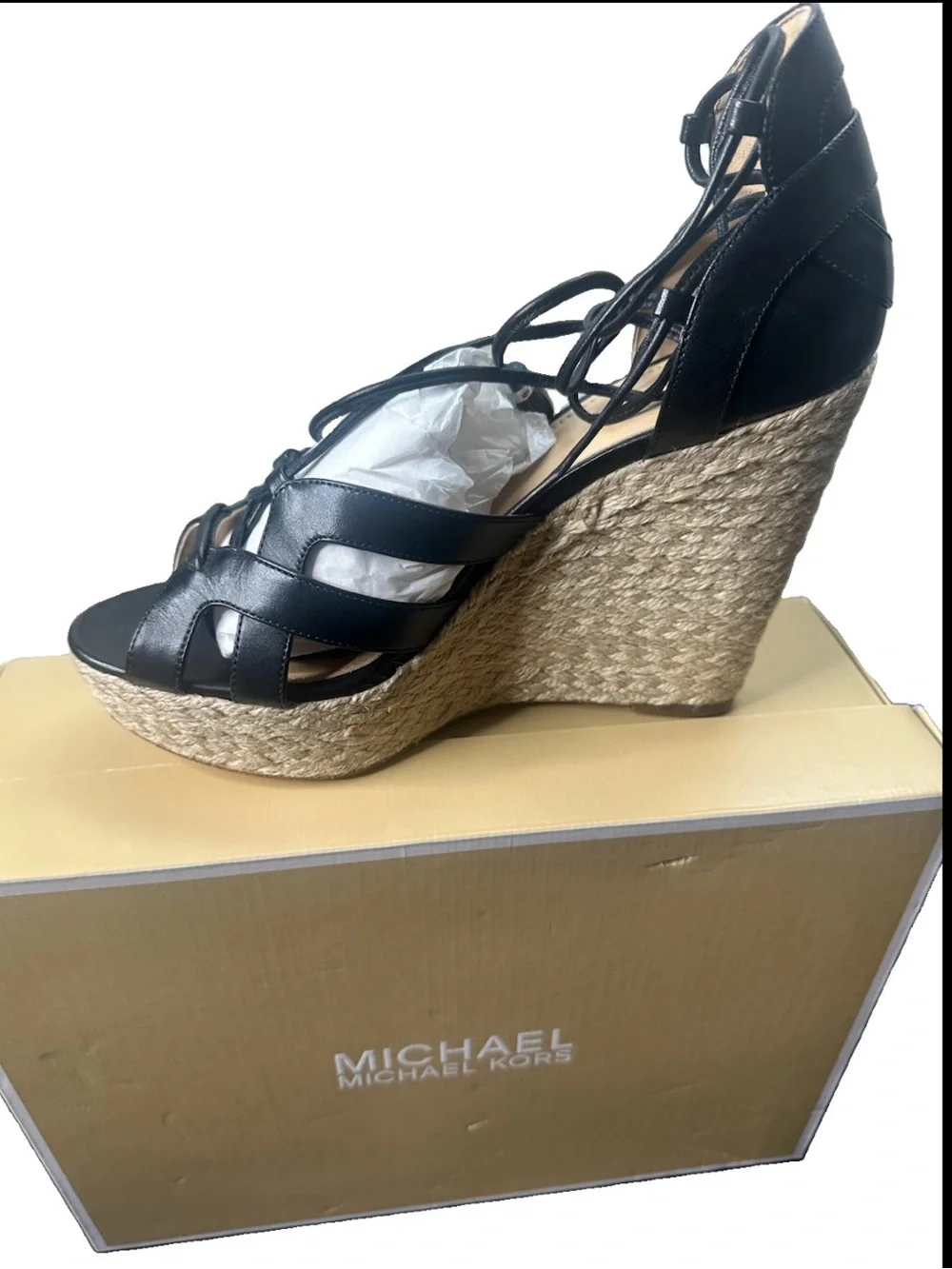 Michael Kors Black Leather Lace-Up Mirabel Wedge Sandals Size 9
